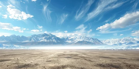 Poster Snowy mountains steppe blue transparent sky light clouds landscape background © Людмила