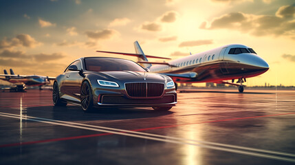 Super car and private jet on landing trip Business class over the sunset background - obrazy, fototapety, plakaty