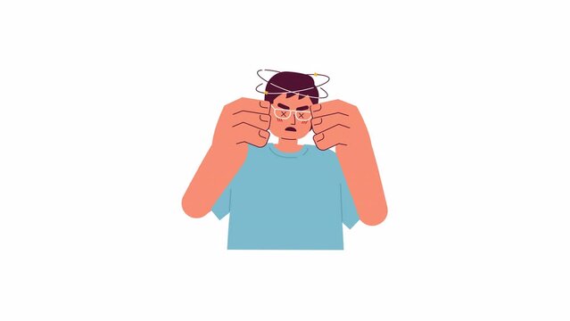 Man suffering from vertigo 2D character animation. Symptom of heat stroke flat cartoon 4K video, transparent alpha channel. Asian male with dizziness animated person on white background