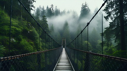 bridge in the forest with a forest in the background suspension bridge in the foggy jungle  - obrazy, fototapety, plakaty