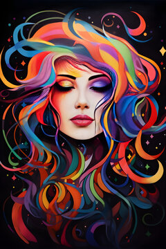 Cosmic Curiosity: Abstract Image of a Woman with Vibrantly Colored Galaxy-Inspired Hair Merging into Geometric Shapes