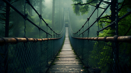 bridge in the forest with a forest in the background suspension bridge in the foggy jungle  - obrazy, fototapety, plakaty