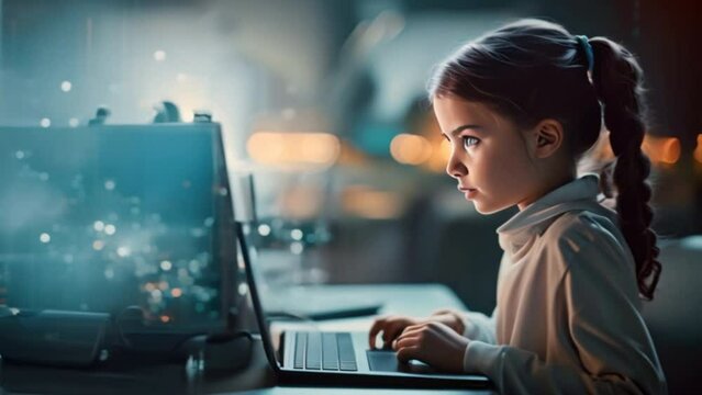 Girl working happily using laptop By combining technology with education