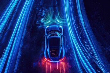 High-speed car on illuminated futuristic highway - A high-speed sports car racing down a neon-lit futuristic highway, depicting advanced automotive technology and rapid travel