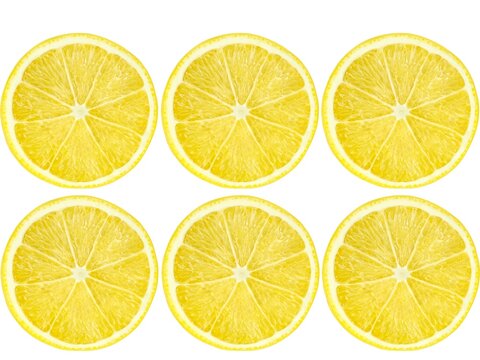 Sharp and contrasting image of lemon slices. Top view of fresh organic lemon slice isolated on white background with clipping path.