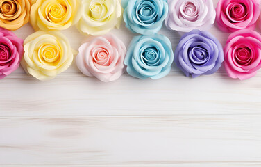 rainbow pastel rose flowers on white wooden table soft light for - obrazy, fototapety, plakaty
