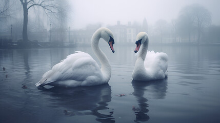The couple of swans with their necks form a heart swimming on the water in nature swans on a lake with the sun shining on the water