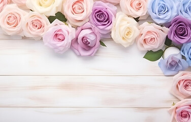 rainbow pastel rose flowers on white wooden table soft light for