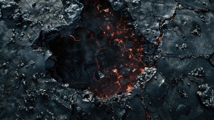 Molten lava cracks on black volcanic surface - A textured volcanic surface with fiery molten lava cracks, representing powerful natural forces and earth's raw beauty - obrazy, fototapety, plakaty