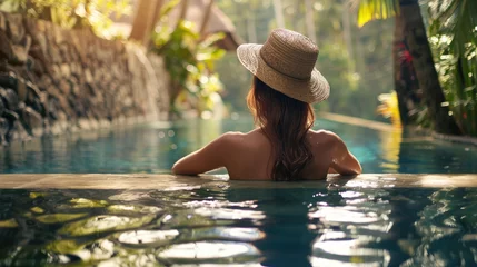 Deurstickers Beautiful woman on vacation relaxing in swimming pool at luxury tropical resort. Back view © Julia G art