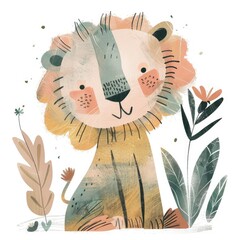 Playful Lion Cub Cartoon Art - Whimsical illustration of a playful lion cub with rosy cheeks and a gentle expression amongst foliage