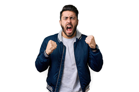 Screaming angry aggressive crazy tanned handsome man 