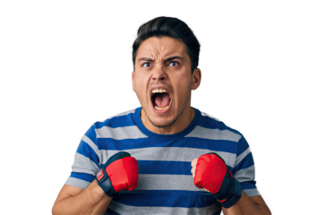 An aggressive football fan Screams showing anger, isolated transparent background