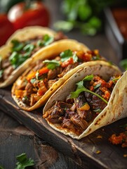 Sharp image of tacos with fresh toppings - Tacos with succulent meat and fresh toppings on a wooden plank with a soft blur background highlighting the food