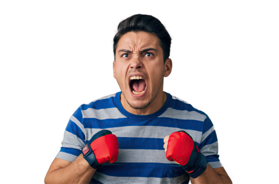 An aggressive football fan Screams showing anger, isolated transparent background