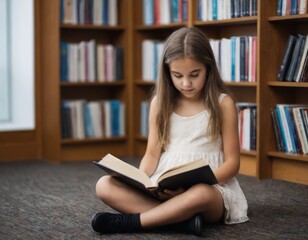 A young girl is sitting on the floor reading a book. She is wearing a white dress and has long hair. The room is filled with bookshelves, and there are many books on the shelves - 767795586
