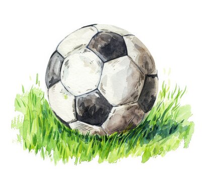 Fototapeta Soccer ball on green grass watercolor painting - Watercolor painting of a classic black and white soccer ball resting on lush green grass