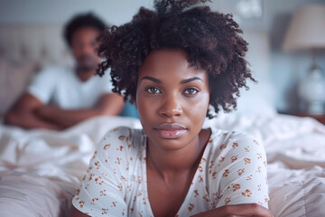 Bantu woman sad on bedroom, her husband is leaning on the bed