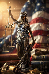 Statue of Lady Justice with blurred face - A statue of Lady Justice stands holding scales and a sword in front of the American flag, blurred face excluded, signifying order and law - obrazy, fototapety, plakaty