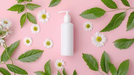 A blank white skincare bottle with a pump dispenser lying on pastel pink background, daisies and green leaves around.  - obrazy, fototapety, plakaty