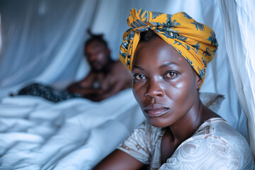 Bantu woman sad on bedroom, her husband is leaning on the bed