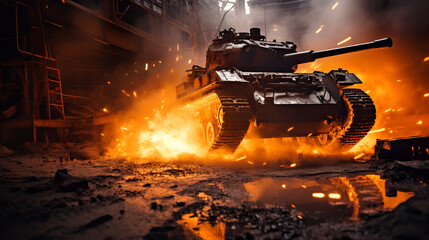 Silhouette of tank pours liquid metal at the steel mill pouring making