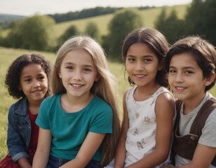 A group of children are smiling and posing for a picture. They are wearing colorful shirts and backpacks. Scene is happy and cheerful - 767795909