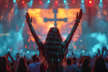 religious concert with worshipers raising hands up in the air in front of the cross