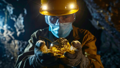 Miners hold rare gold ore in their hands against the backdrop of a cave in the mine.