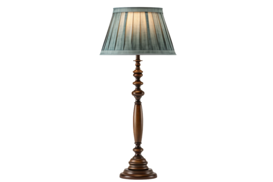 Illuminated Elegance: Wooden Lamp With Blue Shade. On a White or Clear Surface PNG Transparent Background.