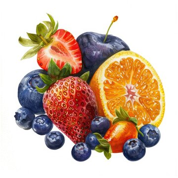 Watercolor painting of assorted fresh fruits - Vibrant watercolor illustration showcasing an array of fresh, juicy fruits including strawberries and oranges