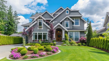 suburban home in America with beautiful landscaping  