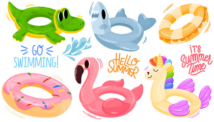 Inflatable circles swimming rings set. Summer pool rubber rings. Flamingo, donuts, rainbow unicorn, crocodile and shark. Inflatable rubber toy for water and beach. Vector hand draw illustration  © PawLoveArt