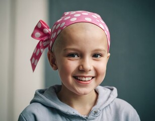 A young girl with a pink bandana on her head is smiling. She is wearing a grey shirt and a grey jacket. Cancer concept. - 767796152