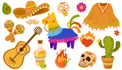 Mexican fiesta set, bright festival party decoration, Cinco de Mayo. Vector flat style illustration isolated on white 