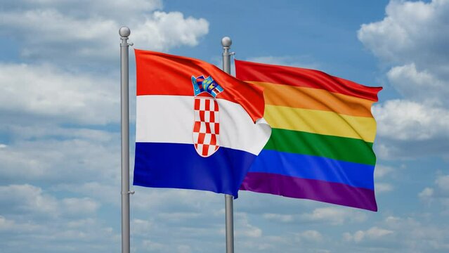 LGBT movement flag also Gay Pride and Croatia two flags waving cycle looped video, tolerance conception in country