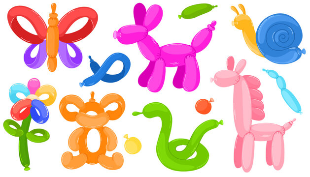 Balloon pets set. Cartoon helium animal characters, colorful bubble animals. Toys for kids festival, birthday party. Entertainment equipment, butterfly, flower, pets. Vector hand draw illustration 