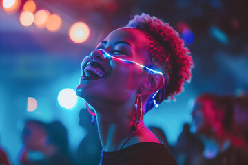 A woman wearing purple glowinthedark glasses is enjoying the entertainment of a music artist at the...