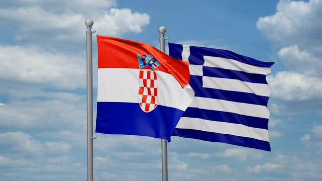 Greece and Croatia two flags waving together, looped video, two country relations concept
