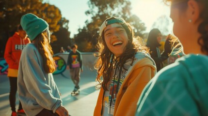 Youthful skateboarders enjoy golden hour at skatepark, bathed in warm sunlight. Companionship and active lifestyle at suburban skate area.