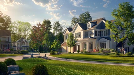 suburban home with beautiful front lawn on a sunny day with landscapers working, hyper realistic. landscapers clearly visible. view from right side of house 