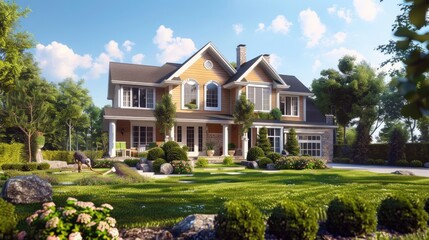 suburban home with beautiful front lawn on a sunny day with landscapers working, hyper realistic. landscapers clearly visible. view from right side of house  