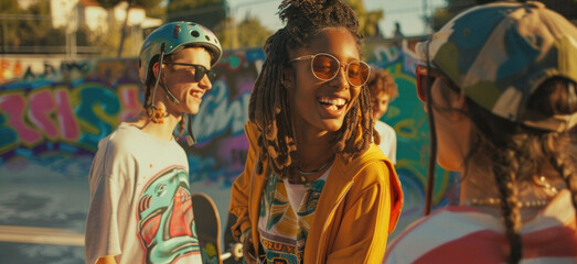 Youthful skateboarders sharing joyful moments at vibrant graffiti park during sunny afternoon....