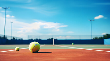 sunny day on the tennis court with a tennis ball and racket in the blue sky background  tennis ball on the court

 - obrazy, fototapety, plakaty
