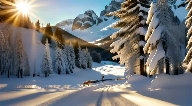 Snowy mountains bathed in the golden light of a winter sunset