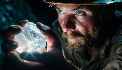 Miners are holding a rare crystal mineral in their hand against the backdrop of a cave.