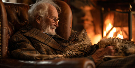 Elderly man resting peacefully with cat on his lap by warmth of fireplace. Comfortable home setting in winter.