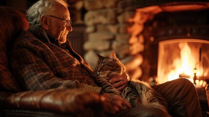 Fototapeta premium Elderly man relaxing in armchair with cat on his lap, enjoying warmth of fireplace in cozy home setting. Comfort and companionship in old age.