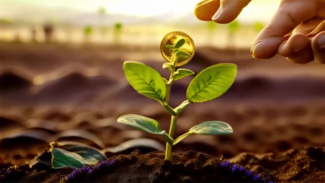 A hand planting a golden coin seed in fertile soil by a sapling, metaphorically illustrating investment, growth, and sustainability.