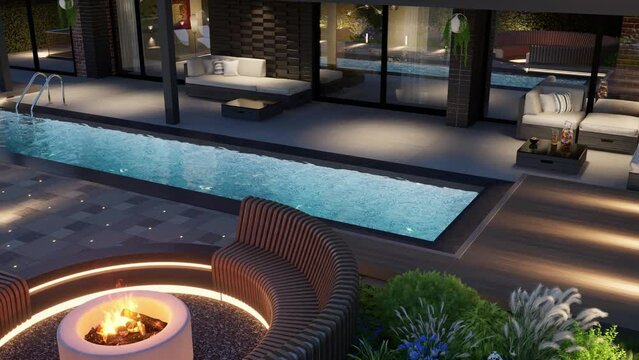 3D render. Landscaping around the backyard pool with evening lights. 